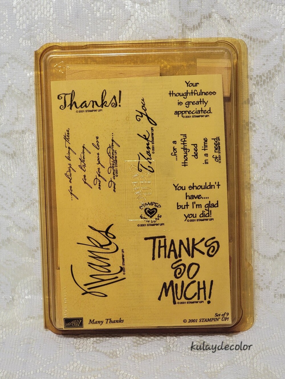 Vintage 2001 Stampin’ Up Many Thanks Rubber Stamp Set of 9 Retired Wood Mounted